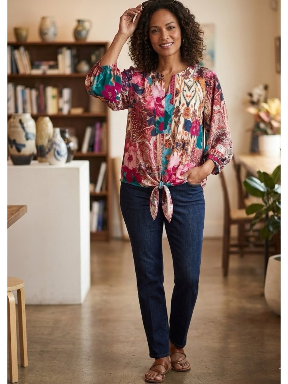 Chico’s Tie Front Pull Over Top Size 4 Artsy Elevated Romantic Eclectic Boho